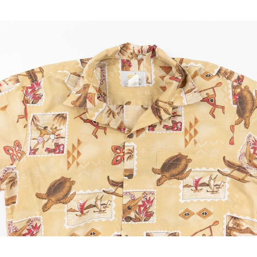 Ho Aloha Shirt Mens Medium Beige Hawaiian Button Up Short Sleeve Turtle Collared